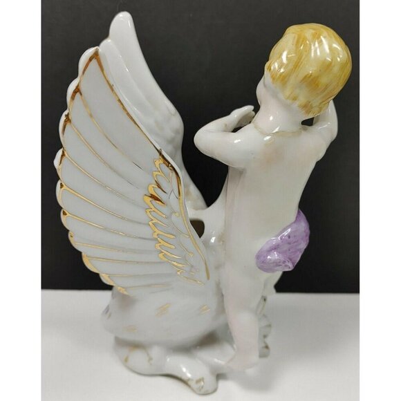 Vintage Ucagco Porcelain Cherub & Swan Figurine With Gold Accents Flower Vase - Picture 2 of 10